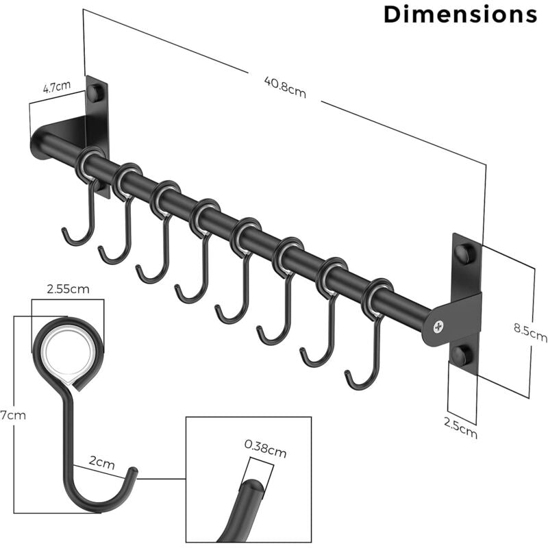 Wall Mounted Stainless Steel Utensil Holder With 8 Sliding Hooks For Kitchen And Bathroom (Black)