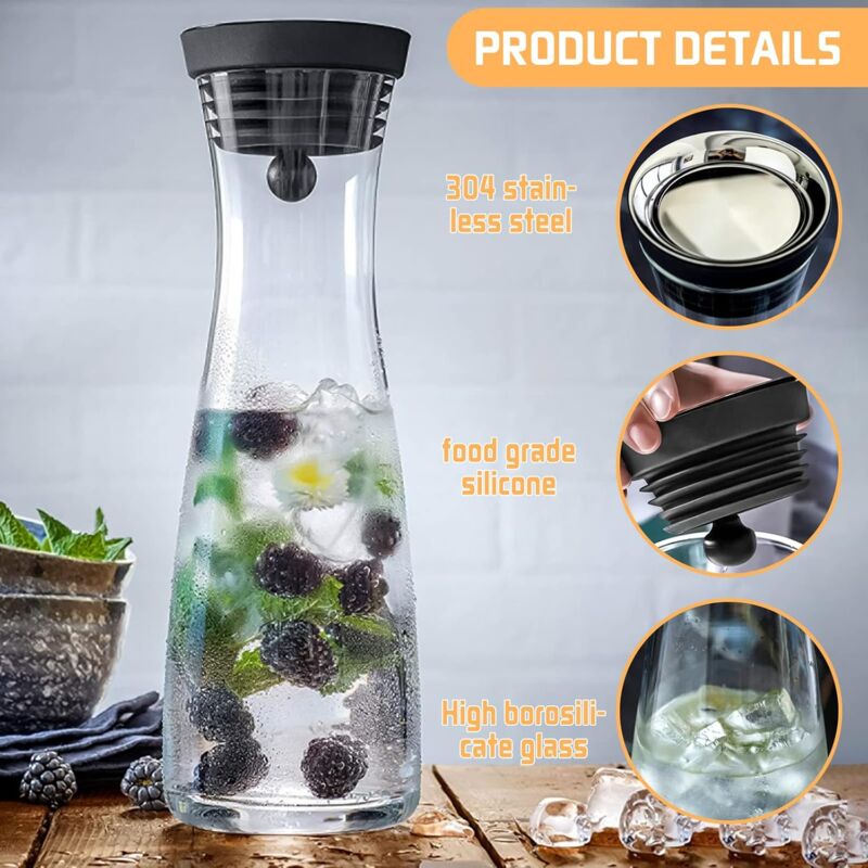 Glass Carafe, 1200Ml Glass Water Pitcher With Silicone Lid, For Homemade Beverage/Iced Tea/Milk/Coffee/Serving Wine,