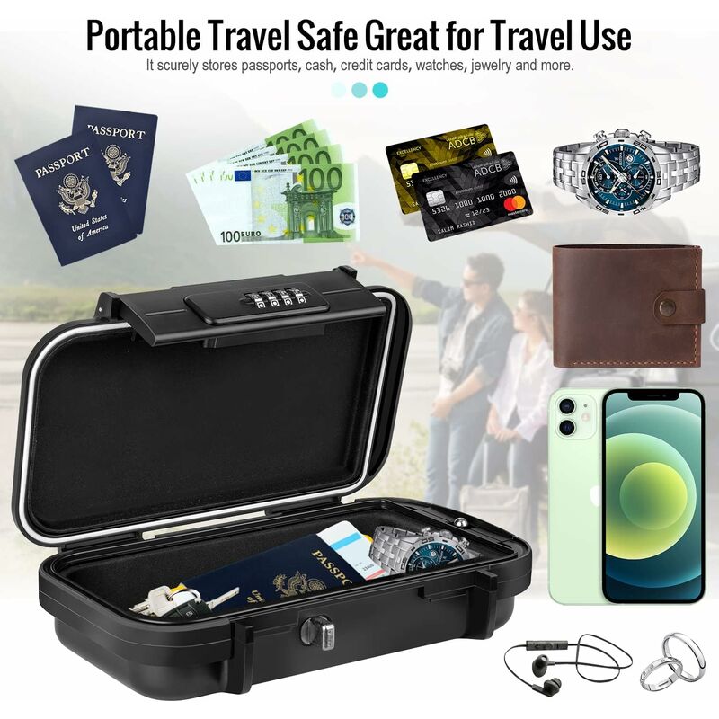 Portable Safe Box Mini Travel Safe Box Waterproof Anti-Theft With Detachable Metal Cable For Home, Office, Hotel,