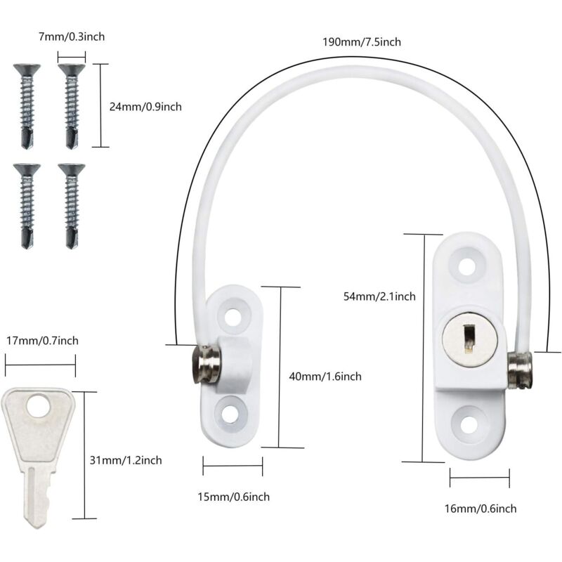 Security Lock Furniture Door Window-2 pcs With Key White Cable Restrictor 190Mm-Baby Child Safety Cable Restrictor