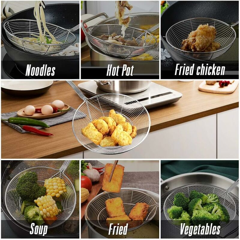 Stainless Steel Skimmer With Handle For Frying And Serving Food, Pasta, Spaghetti, Noodles (Diameter: 20Cm Total
