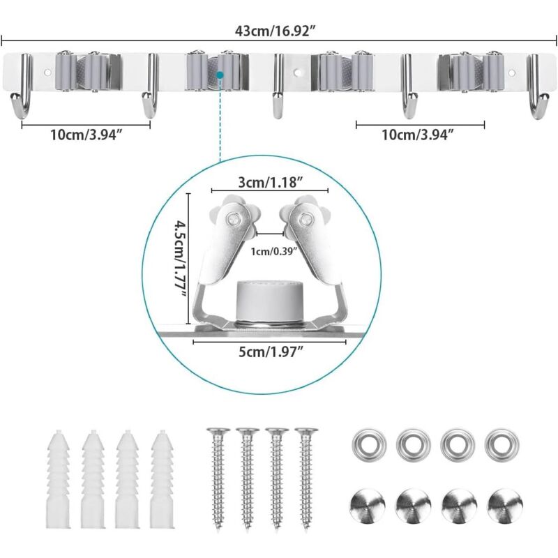 Stainless Steel Wall Mounted Broom Holder, Wall Mounted Broom Hanger With 4 Slots And 5 Hooks For Kitchen, Bathroom,