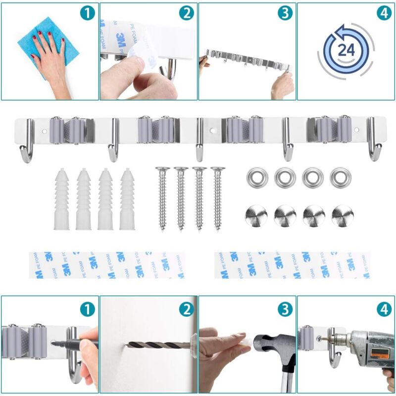 Stainless Steel Wall Mounted Broom Holder, Wall Mounted Broom Hanger With 4 Slots And 5 Hooks For Kitchen, Bathroom,
