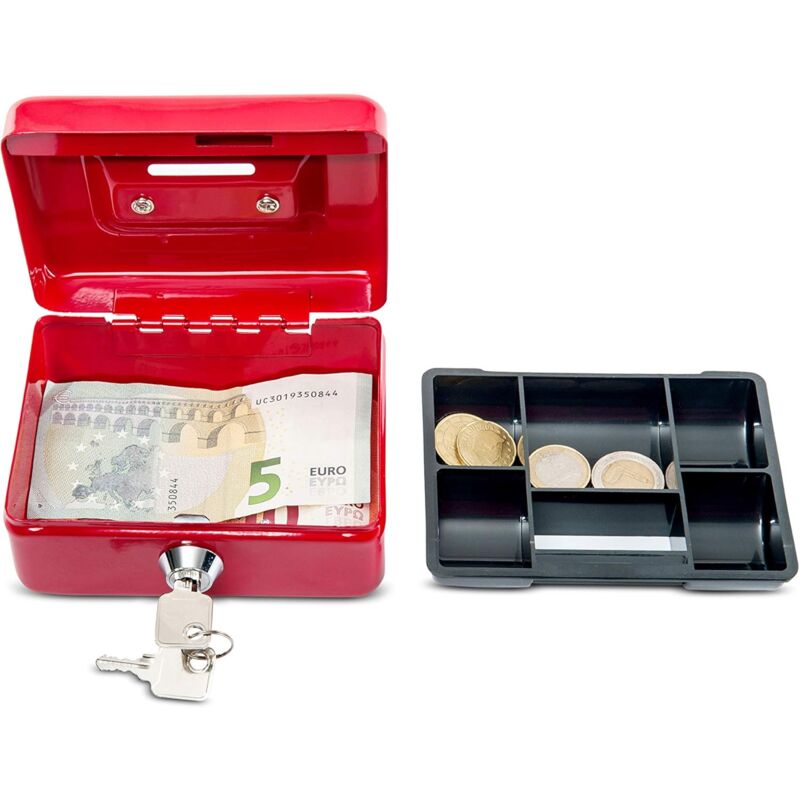 Steel Money Box Lockable And Portable 12.5X9.5X6Cm With Coin Slot Suitable As Piggy Bank, Small Safe, Cash Drawer Red