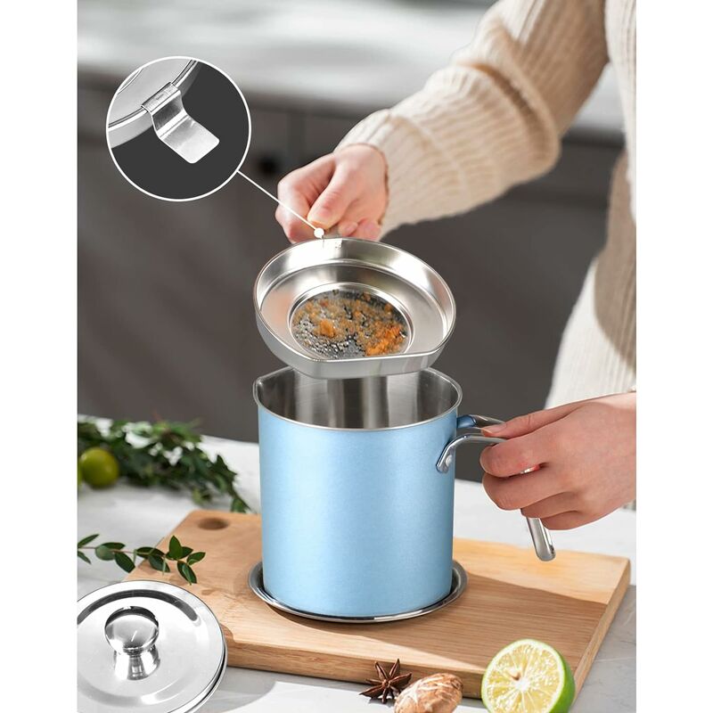 Oil Pot Grease Can Stainless Steel Storage Can With 1.6 Liter Can Dustproof Lid For Fine Mesh Strainer Non-Slip Plate