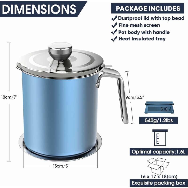 Oil Pot Grease Can Stainless Steel Storage Can With 1.6 Liter Can Dustproof Lid For Fine Mesh Strainer Non-Slip Plate