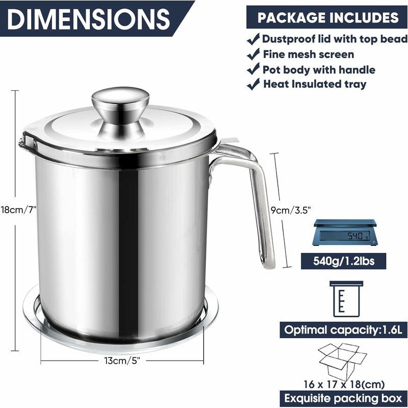 Oil Pot Grease Can Stainless Steel Storage Can With 2 Liter Can In Dust Cover For Fine Mesh Sieve Non-Slip Plate Frying