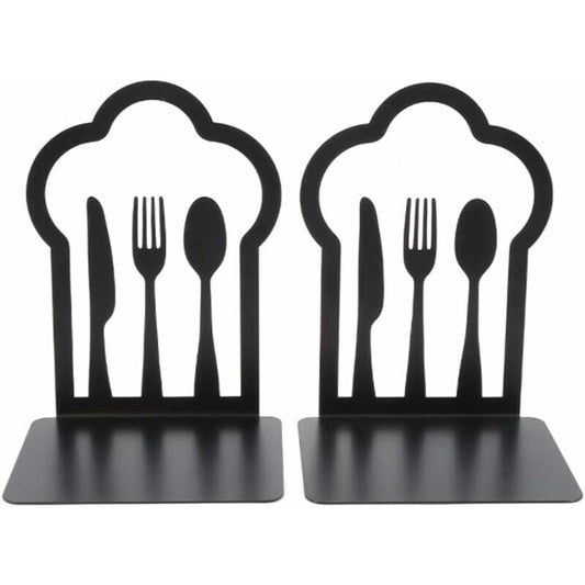 Pair Of Heavy Duty Metal Bookends - Unique Design - For Kitchen, Home, School, Office, Library - Black