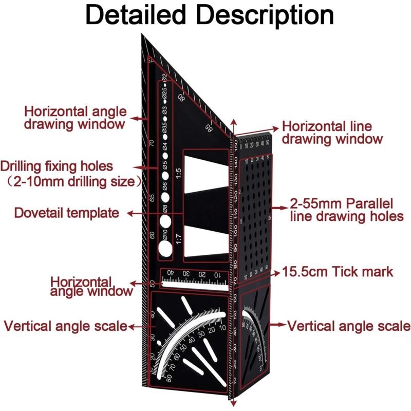 3D Aluminum Alloy Carpenter Square, 90 To 45 Degree Professional Angle Ruler, Woodworking Measuring Ruler Suitable For