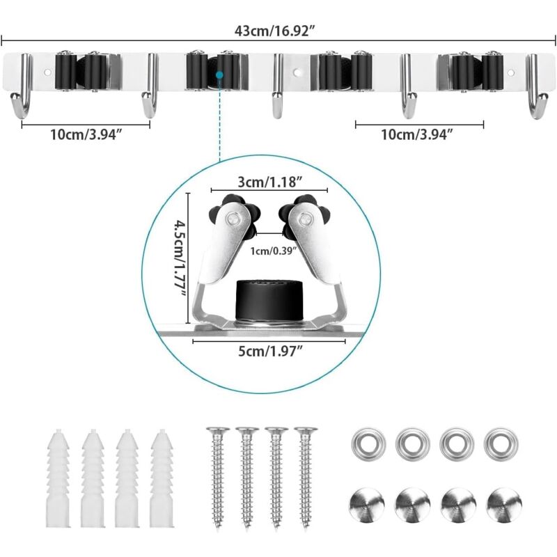 Stainless Steel Wall Mounted Broom Holder, Wall Mounted Broom Hanger With 4 Slots And 5 Hooks For Kitchen, Bathroom,