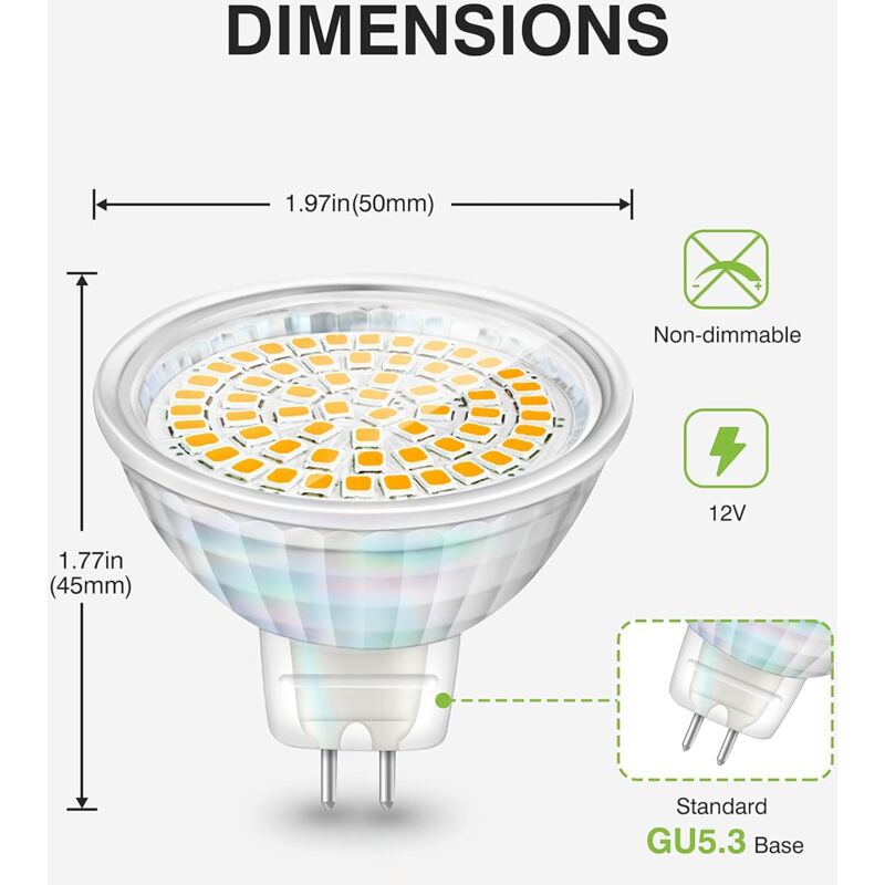LED Bulbs Gu5.3 5W 12V Mr16 Spotlight Replace Halogen Spotlight 460 Lumens Warm White 3000K Non-Dimmable Pack Of 6