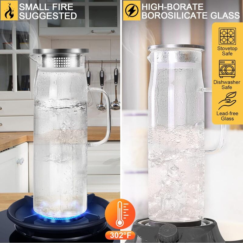 Water Carafe, Glass Pitcher, Glass Jug With Lid And Handle-1.5 Liters