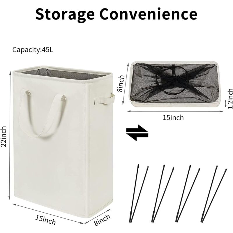 Long Foldable Laundry Basket With Handles 45L Beige