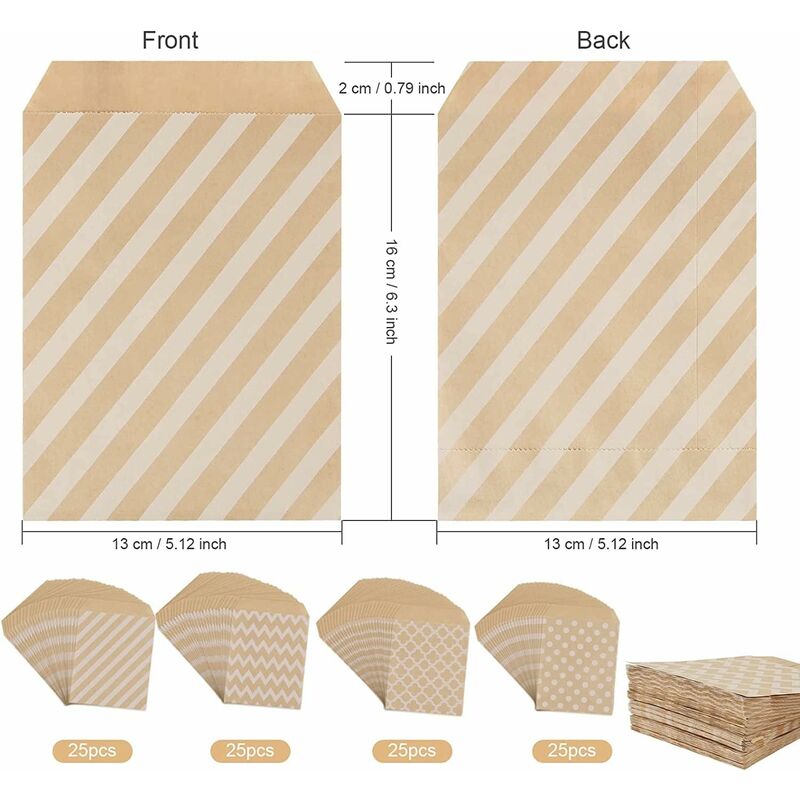 100 Pack Kraft Paper Candy Bags, Candy Cookie Favor Snacks Buffet Grocery Packaging, 4 Different Style No Wax Sweet