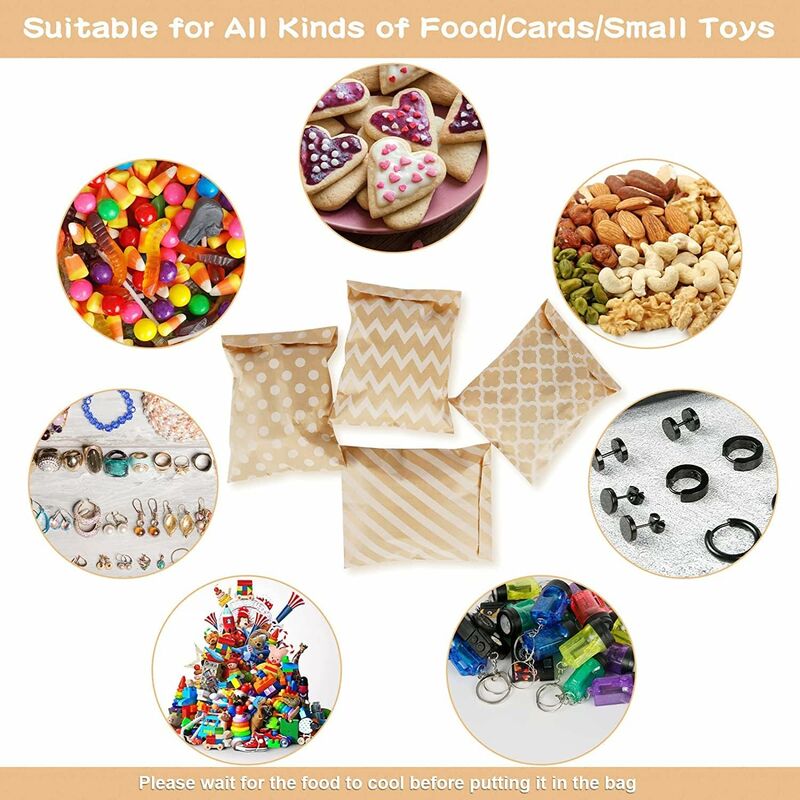 100 Pack Kraft Paper Candy Bags, Candy Cookie Favor Snacks Buffet Grocery Packaging, 4 Different Style No Wax Sweet