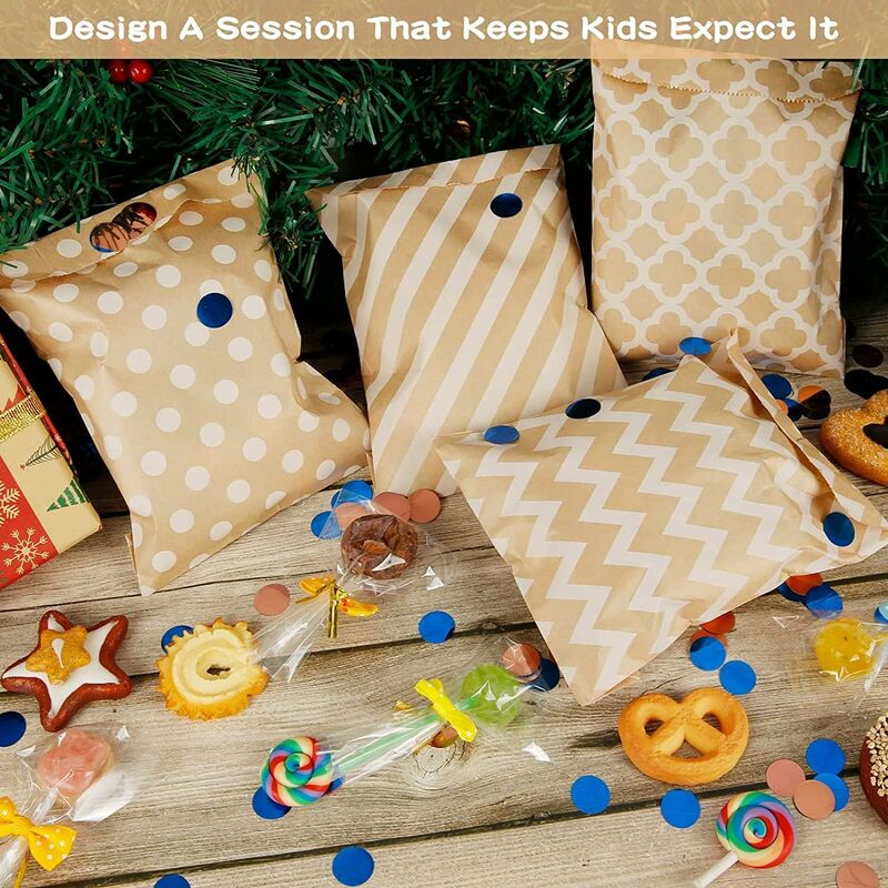 100 Pack Kraft Paper Candy Bags, Candy Cookie Favor Snacks Buffet Grocery Packaging, 4 Different Style No Wax Sweet