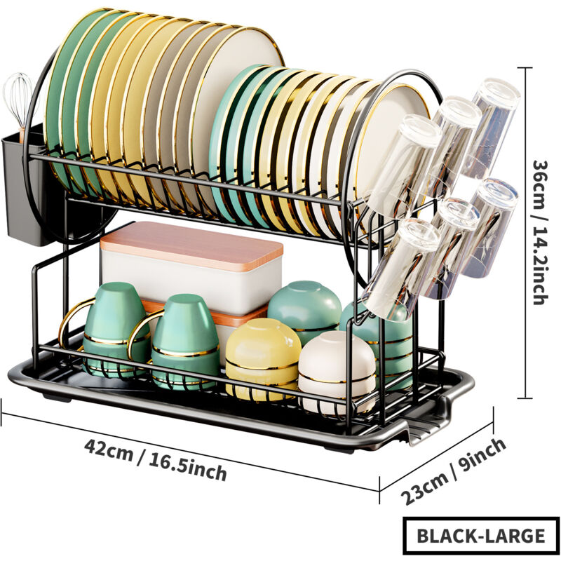 Black 2-Tier Kitchen Dish Drainer, Stainless Steel With Utensil Holder And Drip Tray