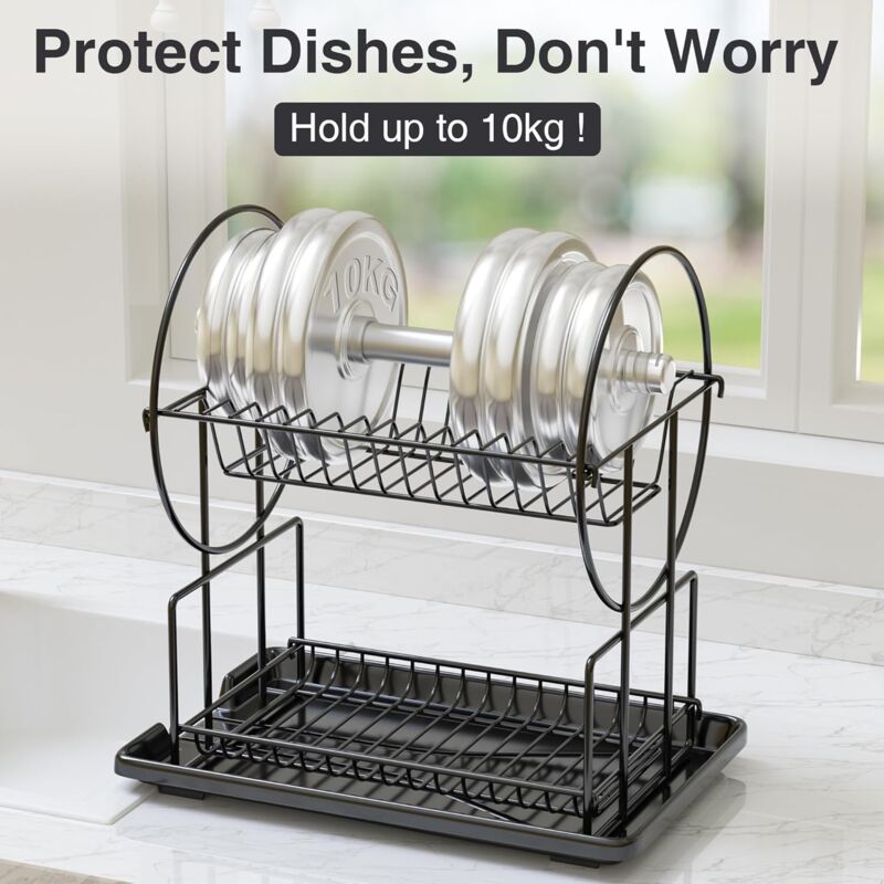 Black 2-Tier Kitchen Dish Drainer, Stainless Steel With Utensil Holder And Drip Tray