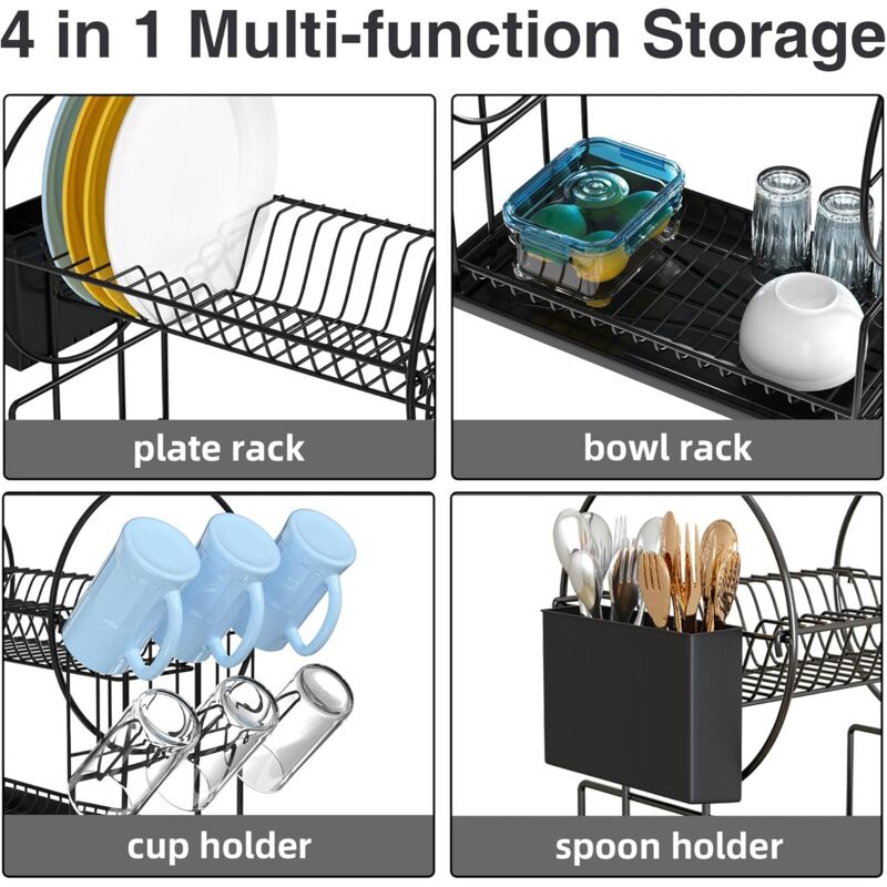 Black 2-Tier Kitchen Dish Drainer, Stainless Steel With Utensil Holder And Drip Tray