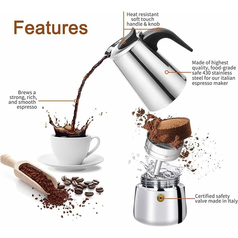 12-Cup Italian Coffee Maker In Stainless Steel, Suitable For All Types Of Hobs, 12 Cups