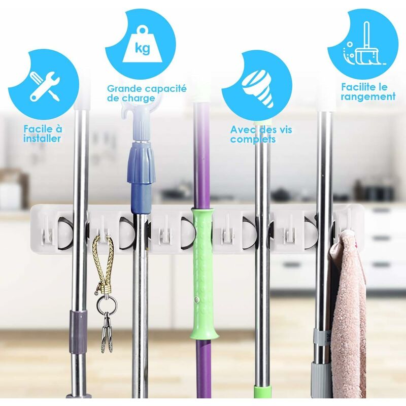Wall Mounted Broom Holder With 5 Slots And 6 Hooks/Wall Mounted Broom Holder For Bathroom, Kitchen Or Garage - Light