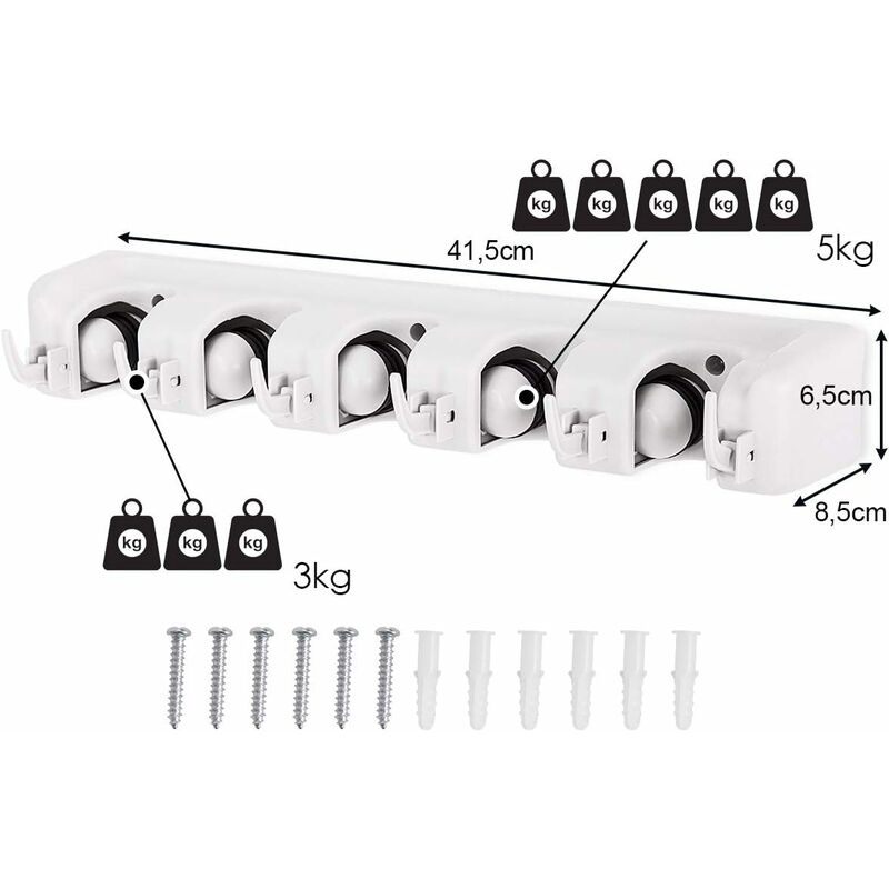 Wall Mounted Broom Holder With 5 Slots And 6 Hooks/Wall Mounted Broom Holder For Bathroom, Kitchen Or Garage - Light