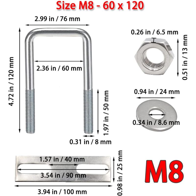 Square U-Bolts, 60X120Mm Stainless Steel U-Bolts, M8 U-Bolt With Frame Plate Nut And Washer, M8 U-Bolt For Fixing