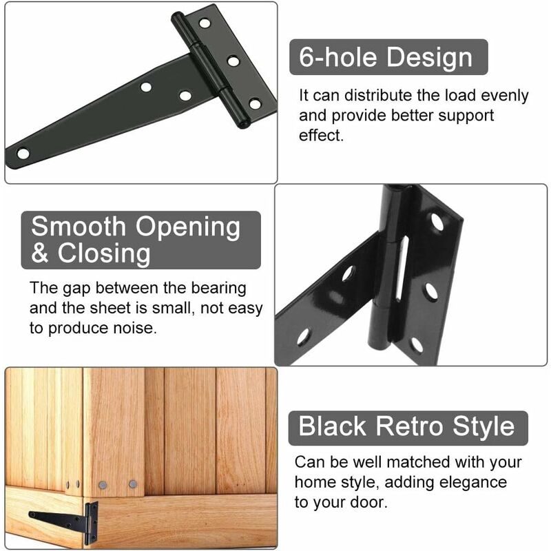 6 pcs Black T-Hinge Barn Door Hinge 4 Inch Exterior T-Hinges With 36 Screws Iron Door Hinges Heavy Duty Hinges For