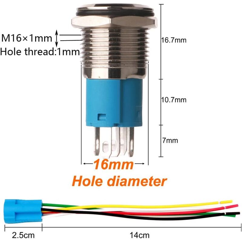 12V-24V/5A 16Mm Pre-Wired Momentary Horn Push Button Switch Waterproof Metal Button With Red LED