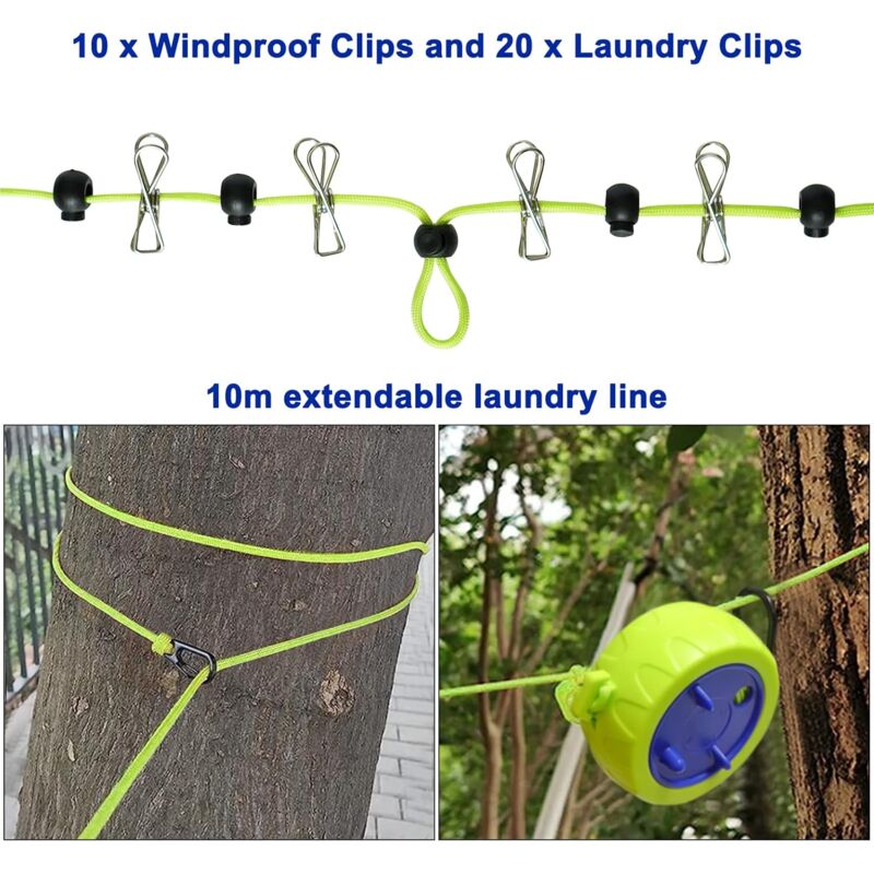 Clothesline Set, 10M Portable Anti-Winding Stretchable Clothes Line For Drying Rack Bathroom Outdoor Camping Outdoor