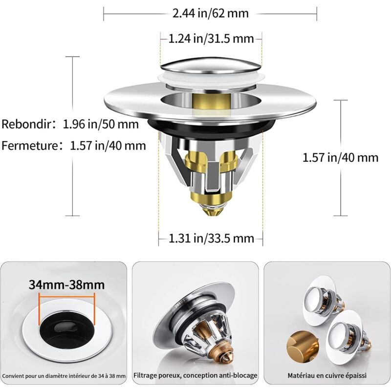 Sink Plug, Universal Pop-Up Drain Stopper With Hair Filter Anti-Odor Anti-Blocked, Stainless Steel Kitchen Sink Bathtub