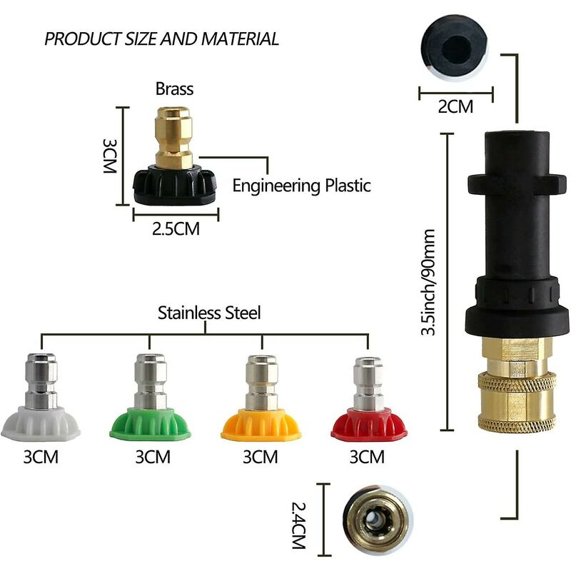 Pressure Washer Adapter, To 1/4" Quick Connect For Karcher K2-K7, With 5 Pressure Washer Nozzle Tips, Multi-Grade, 2.5