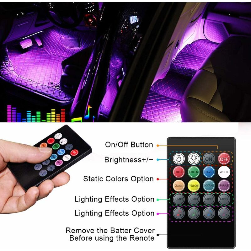 Car Interior LED Lights - Car Interior Lamp, 48 LED Car Strip Lights With Wireless Remote Control, Upgraded Waterproof