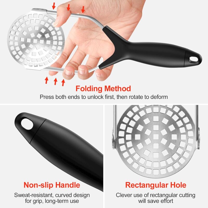 Stainless Steel Potato Masher, Professional Manual Potato Ricer With Non-Slip Handle, Foldable Apple Masher For Fruits,