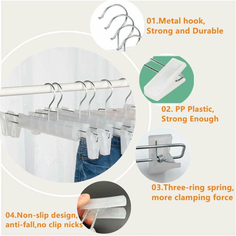 10 Pack Skirt Hangers, Trouser Hangers, With 2 Adjustable Non-Slip Clips, For Hanging Pants, Socks, Skirts - Translucent