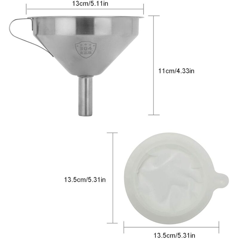5" Food Grade Stainless Steel Kitchen Funnel With Removable 200 Mesh Filter And Handle Strainer Funnel For Oils, Juice,
