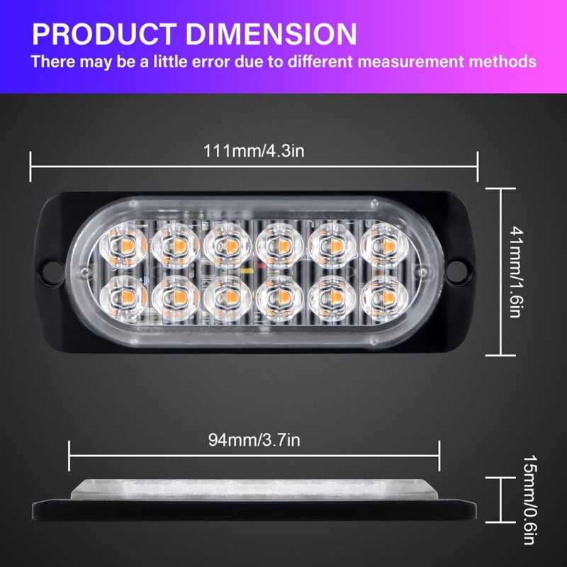 2 pcs 12 LED Amber Strobe Brake Light, 12V 24V LED Light Bar For Offroad Vehicle Car Van Boat Trailer Caravan, 3000K