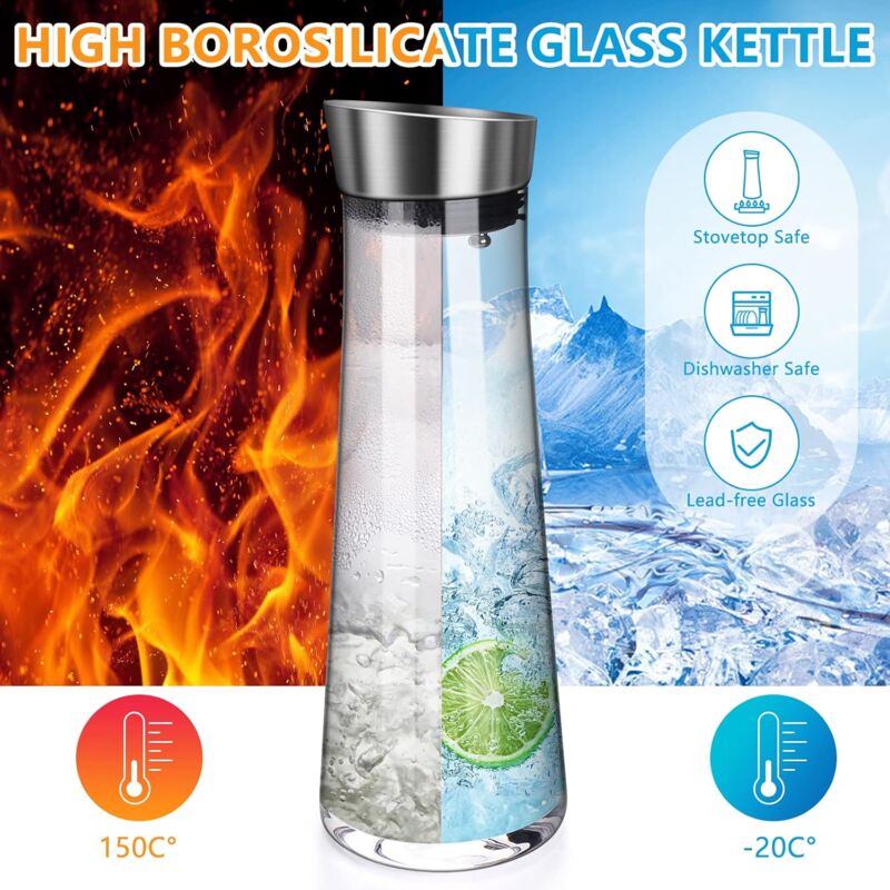 Glass Carafe, 1 Liter Leak Proof Glass Carafe With Stainless Steel Flip Lid For Water, Milk, Juice And Lemonade