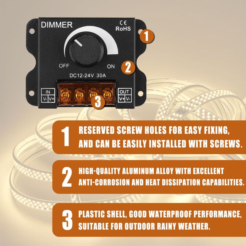 LED ROtary LED Dimmer Switch Dimming Controller Dc 12V-24V 30A Pwm Dimmer Knob For Adjusting Brightness(2 Pack)