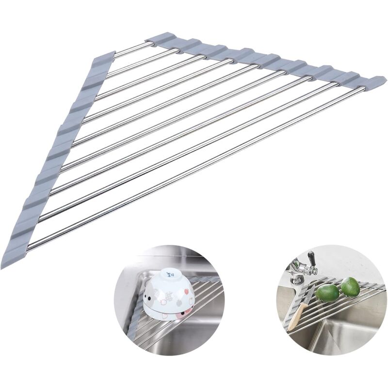 2 Pack Stainless Steel Foldable Triangular Drainer Rack For Kitchen Sink Non-Slip Grey
