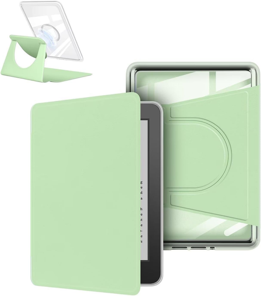 360° Rotating & Detachable Magnetic Case for 7" Kindle Paperwhite 12th Generation (2024)  – Auto Wake/Sleep, Hands-Free Stand, Clear Back Cover (Light green)