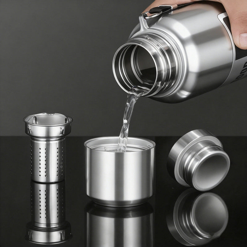 Antibacterial 316 Stainless Steel Vacuum Flask 600ml | Tea Infuser & Insulated Bottle for Hot/Cold Drinks (Bright silver)