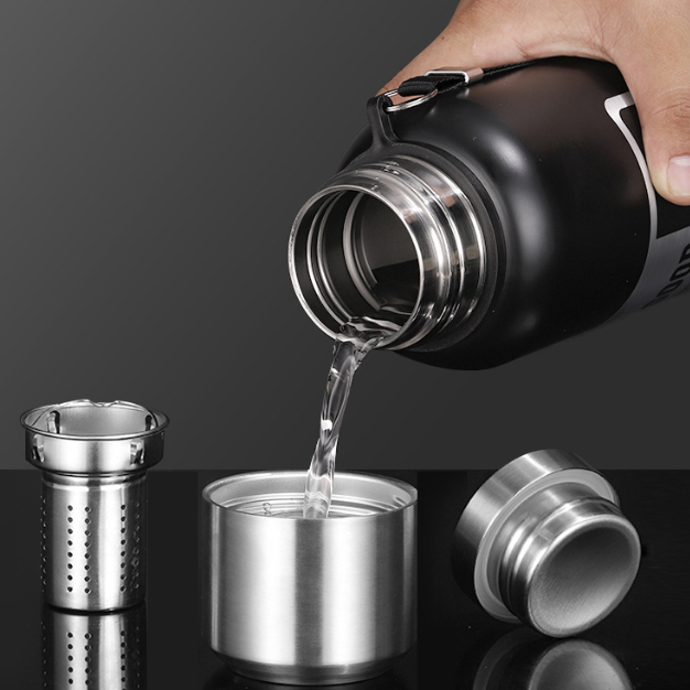 Antibacterial 316 Stainless Steel Vacuum Flask 600ml | Tea Infuser & Insulated Bottle for Hot/Cold Drinks (Black)
