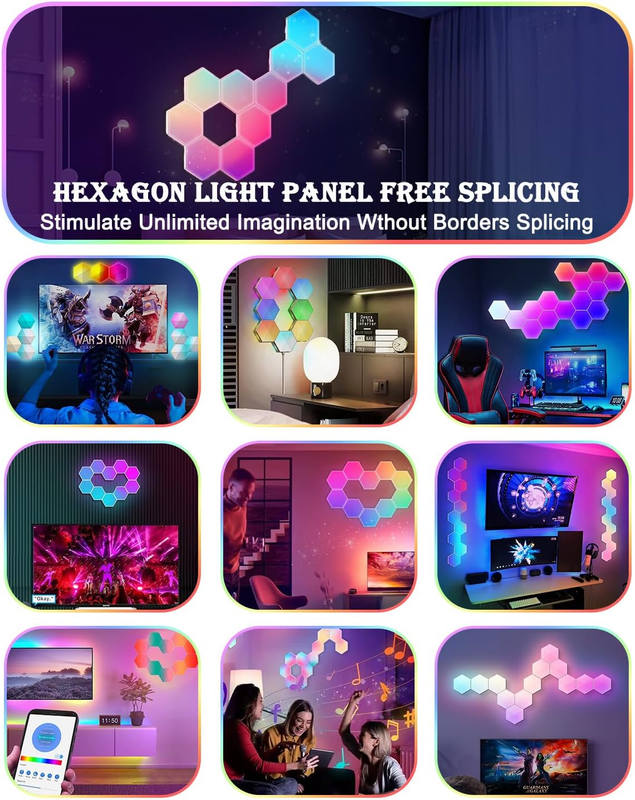 8 Pack Hexagon LED Wall Lights, Smart RGB Honeycomb Lights with APP & Voice Control, Music Sync Modular LED Panels for Gaming Room, Bedroom & Home Theater Decor