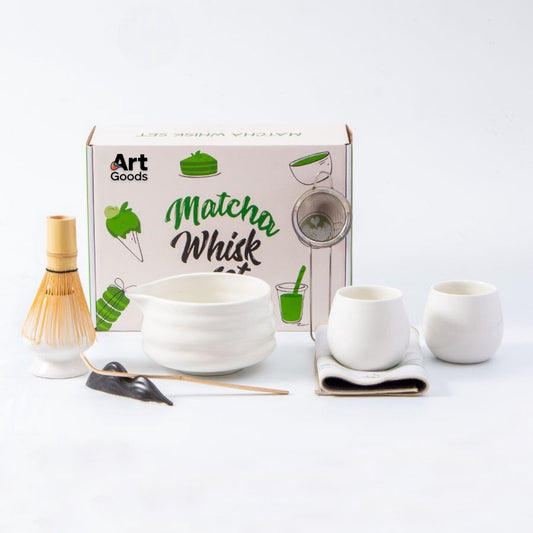 Art Goods Matcha Set 9-Piece – Complete Japanese Tea Set – White Matcha Bowl with Spout, Whisk, Cups & Accessories – Gift for Women