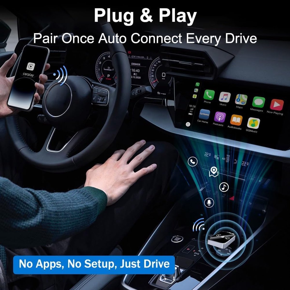 3-in-1 Wireless CarPlay Mirror Link Adapter (version 2026) compatible with iPhone/Apple/Android: automatic connection to your car's screen, dual Wi-Fi 2.4/5 GHz and Bluetooth 5.0, wired to wireless mode (iPhone compatible, 1 piece)