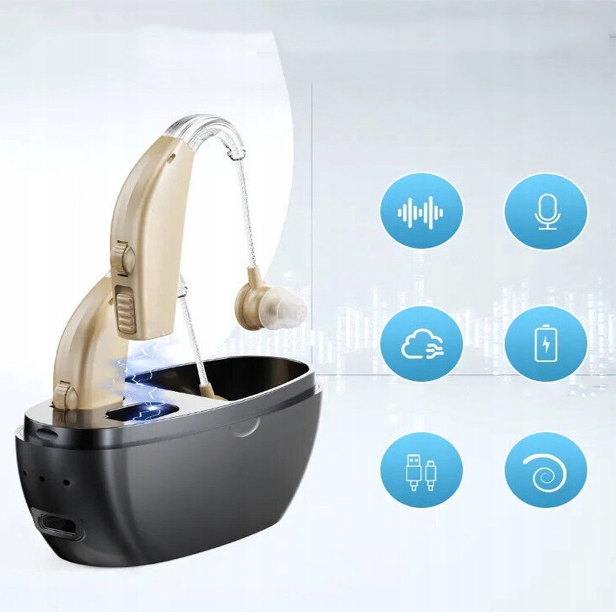 Digital hearing aid - Behind-the-ear sound collector - Rechargeable - Sound amplification - Intelligent noise cancellation - Dynamic speaker - In-ear detection