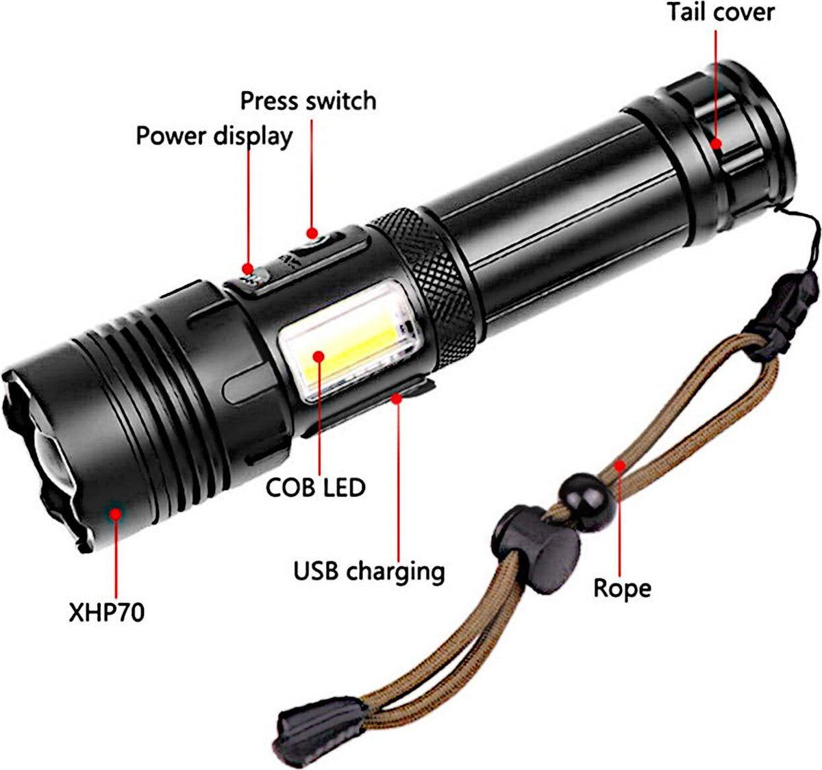 Flashlight - Rechargeable LED - Military Flashlight - 100,000 lumens - with 7 modes - COB side light - Waterproof - For emergencies, camping, home