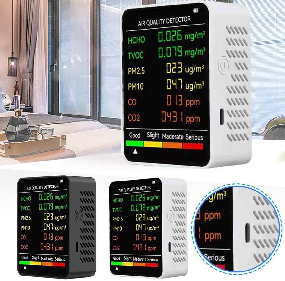 Air Quality Monitor - 6 Functions - Detects PM2.5, PM10, HCHO, TVOC, CO, CO2 - Suitable for monitoring indoor air, testing office spaces, inspecting car air, and monitoring the outdoor environment - Wit