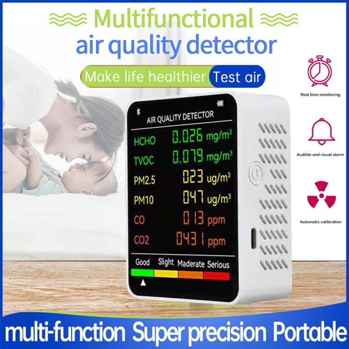 Air Quality Monitor - 6 Functions - Detects PM2.5, PM10, HCHO, TVOC, CO, CO2 - Suitable for monitoring indoor air, testing office spaces, inspecting car air, and monitoring the outdoor environment - Wit